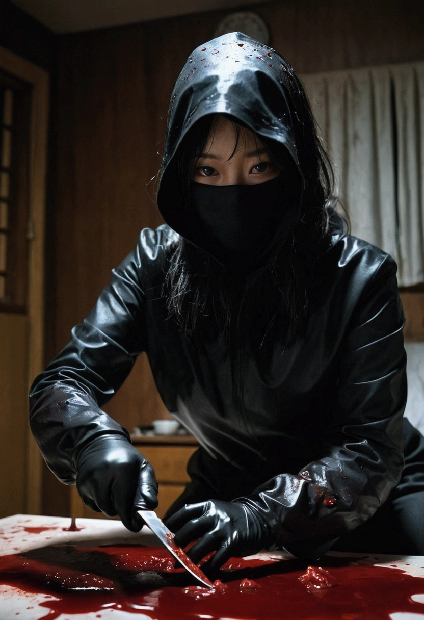 korean girl, (behind corpse:1.2), (balaclava), holding knife, stabbing, black gloves, room full of blood, black raincoat, holding knife, black wet suit, leather gloves, behind corpse, blood splatter, night, mass murderer, robbery, in the bedroom, dark atmosphere, cinematic lighting, atmospheric realistic,
