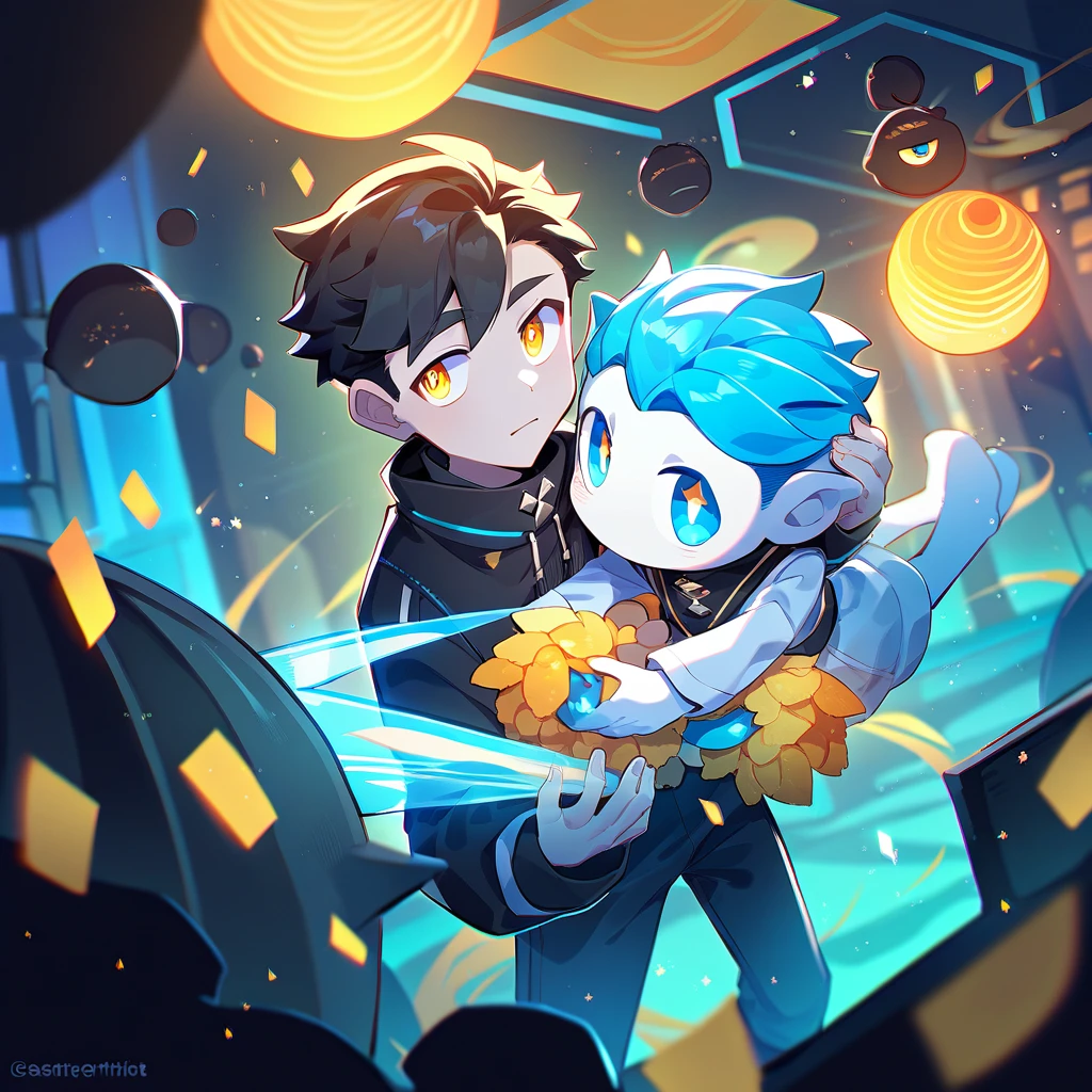 2 young men, focus man , Yaoi, (3 eyed tribe ,3 eyes, yellow eyes, The skin is gray, smooth and translucent. ), (human, black haired ,blue eyes ,white skin) , sci-fi, The best aesthetics , best quality, Amazing quality, The best aesthetics ,The background is a laboratory., spaceship