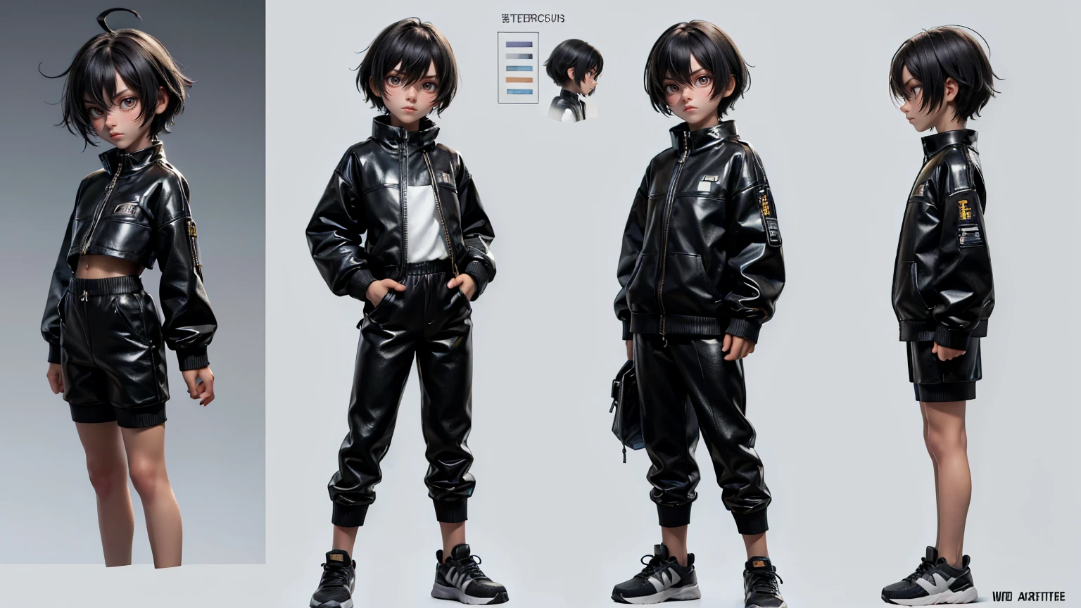 cute face boy, cute face, short height boy, wearing casual futuristic black pent, black dress, full standing pose, Textured Crop hairs, Textured Crop hair style, sports shoes, Character Sheet, 12 yo student, Full body, Simple white background, front straight pose character reference sheet, Concept art, design sheet
