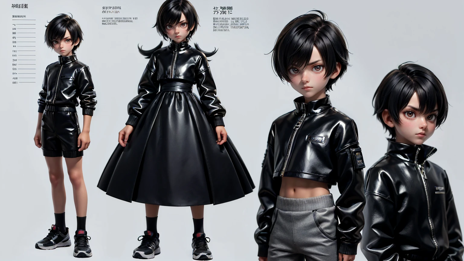 cute face boy, cute face, short height boy, wearing casual futuristic black pent, black dress, full standing pose, Textured Crop hairs, Textured Crop hair style, sports shoes, Character Sheet, 12 yo student, Full body, Simple white background, front straight pose character reference sheet, Concept art, design sheet
