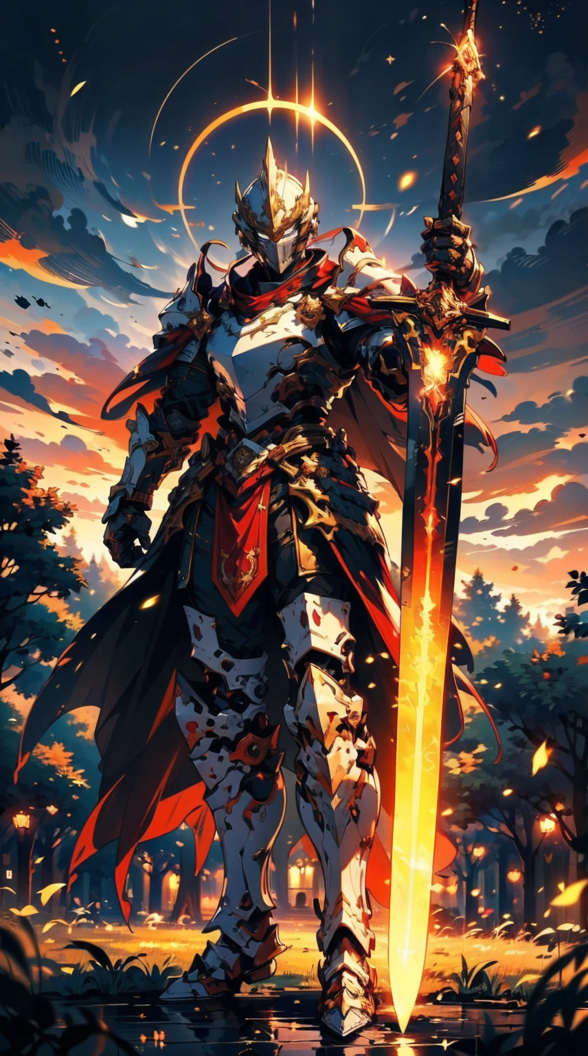 8K quality,(super masterpiece:1.3),Highest quality,Detailed Images,1 male,knight,pocket(Full Face,Two Corners),Blue Armor(Blue full armor,Golden decoration),(Wear a red cloak,Red Cape),(Hold the Burning Sword),(background:Burning image,sunset,幻想的なsunset,The End,The end of the world,grassland,Takayama,Halo effects),(Whole body image,Standing with your legs apart),(Face directly towards the camera,Looking directly at the viewer,looking at the camera,The body faces the viewer,The body is facing the direction of the camera,Face looking straight into the camera).