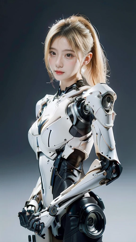 best quality, 1080P, Masterpiece, Whole body photo, Ultra high resolution, photorealistic photo, ultra realism, Realistic skin texture, Light blonde hair, Extreme skin detail, dslr, Detailed eyes, Facing the camera, very beautiful face, Concise facial structure, Pale skin, Realistic skin texture, Extreme skin detail, oc render reflection textures, Realistic light and shadow, Single picture, alone, The body is slim and balanced., Age 20, Height 170, naked girl, NUDE, no underwear, A girl with the body of a mechanical robot., Transparent futuristic black glass mech armor suit, The mechanical cervix is attached to the neck., flat stomach, Woman with perfect mechanical arms and legs, full body view, Whole body photo,