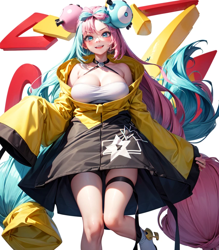 (Highest quality, masterpiece, Very detailedな, Very detailed, Exquisite, 16K,Full HD),(White Background:1.5),、Big Breasts,Pink hair and blue eyes、Yellow Jacket、Please raise your right hand、Lower your left hand、Stand only on your right foot、Raise your left leg。smile、White Background,Nanjamo,No text