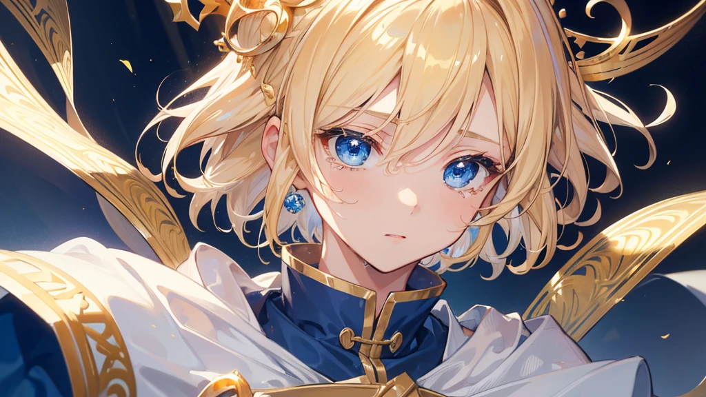 (Highest quality) (4K) (8k) (High resolution) (masterpiece:1.2) (Super detailed) One boy short hair Wizard Blue Eyes Long sleeve Golden decoration Hair between the eyes White Dress (Wavy golden hair) Upper Body (large crown) (White Background) profile Face close-up (Are crying)