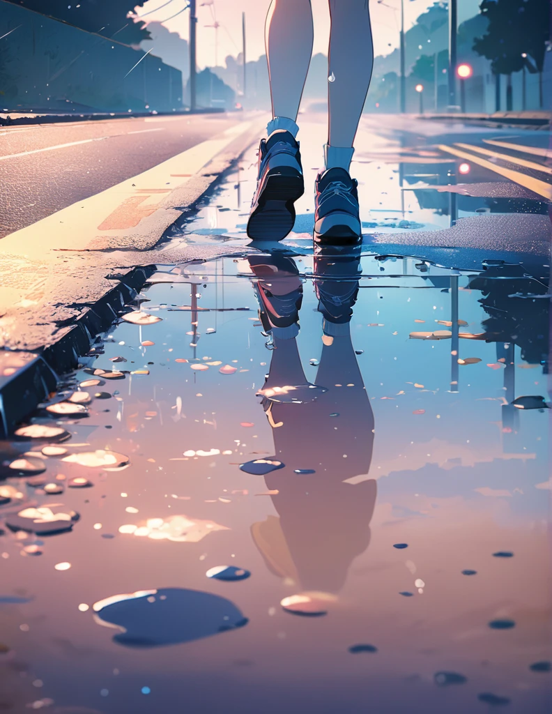 (Anime style:1.4),Soft touch、超high resolution, Attention to detail, high quality, high resolution, 最high quality, 4K, 8K,The road after the rain、Puddle and girl、Soft color effect