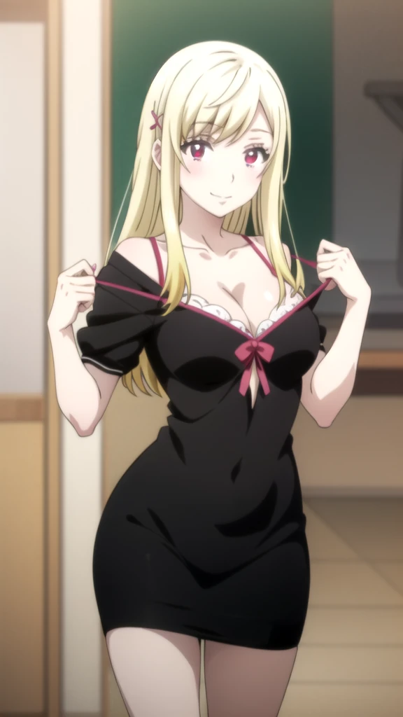A woman in a red bra and jeans posing for a photo., seductive anime girl, OPPAI, rin tohsaka, beautiful alluring anime woman, attractive anime girl, revealing outfit, anime girls, anime woman, beautiful seductive anime , anime girl, beautiful anime woman, (anime girl), mejor anime girl, (SFW) safe for work Yamada mocking smile_yellow, 1chica , by rubio, alone, wide, hair ornament, , smile, bow, red eyes my dress darling anime, beautiful seductress anime anime