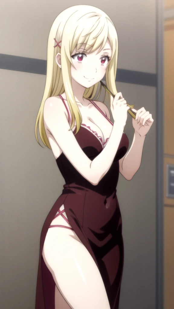 A woman in a red bra and jeans posing for a photo., seductive anime girl, OPPAI, rin tohsaka, beautiful alluring anime woman, attractive anime girl, revealing outfit, anime girls, anime woman, beautiful seductive anime , anime girl, beautiful anime woman, (anime girl), mejor anime girl, (SFW) safe for work Yamada mocking smile_yellow, 1chica , by rubio, alone, wide, hair ornament, , smile, bow, red eyes my dress darling anime, beautiful seductress anime anime