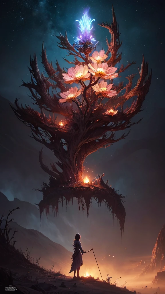 horror-themed ether fantasy concept art of  breathtaking a delicate flower growing in the middle of the desert ColorART, Colorful Alien Skin DonMASKTexXL , masterpiece, Award-winning, Professional, Very detailed, grow, Celestial, ether, Picturesque, amazing, Majestic, Magic, Fantasy art, Cover art, dream-like, Creepy, Anxious, dark, Creepyな, Suspenseful, strict, Very detailed