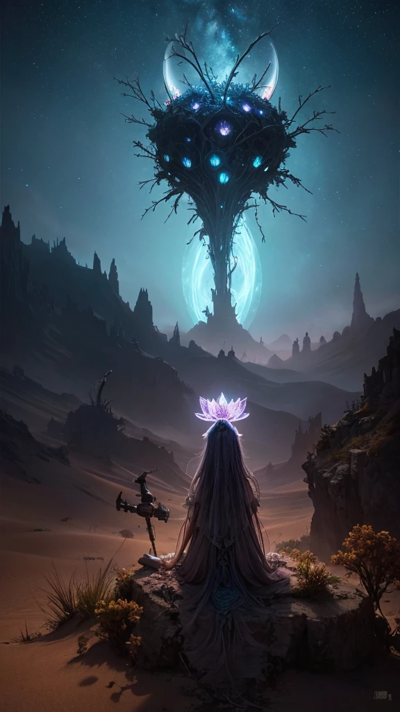 horror-themed ether fantasy concept art of breathtaking a delicate flower growing in the middle of the desert ColorART, Colorful Alien Skin DonMASKTexXL , masterpiece, Award-winning, Professional, Very detailed, grow, Celestial, ether, Picturesque, amazing, Majestic, Magic, Fantasy art, Cover art, dream-like, Creepy, Anxious, dark, Creepyな, Suspenseful, strict, Very detailed