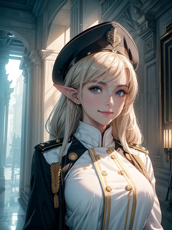 masterpiece, Highest quality, Highly detailed CG Unity 8K wallpapers,((Upper Body, 1 female)), ((Spacecraft Hangar)), (Long pointy ears), Elegant long wavy platinum blonde hair, Self-illuminating skin, ((Black military uniform on white, Long vertical hat, guard of honor: 1.2)), (White skin, A toned and slender body), (((A long ceremonial rifle is slung over his shoulder.: 1.2))), (blush), , (Captivating smile), (Very beautiful symmetrical face), fine grain, Key Art, Awards, intricate detail realism hdr, Photorealism, Hyperrealism, Ultra-realistic, Dramatic Light, Strong Shadows, Nice views, Written boundary depth