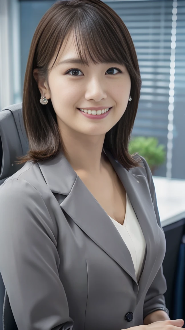 masutepiece, Best Quality, Photorealsitic, finely detail, hight resolution,beautiful japanese woman,beautiful detailed eyes, beautiful detailed lips, extremely detailed face, small head, small areola, cinematic lighting, photorealistic, 8k, high quality, hyper detailed, look at me,smile,(office lady gray suits:1.4),(random location),(medium breasts:1.2),(inoueseika),slender,beautifull legs,(sexy posing:1.2), (bokeh:1.3),