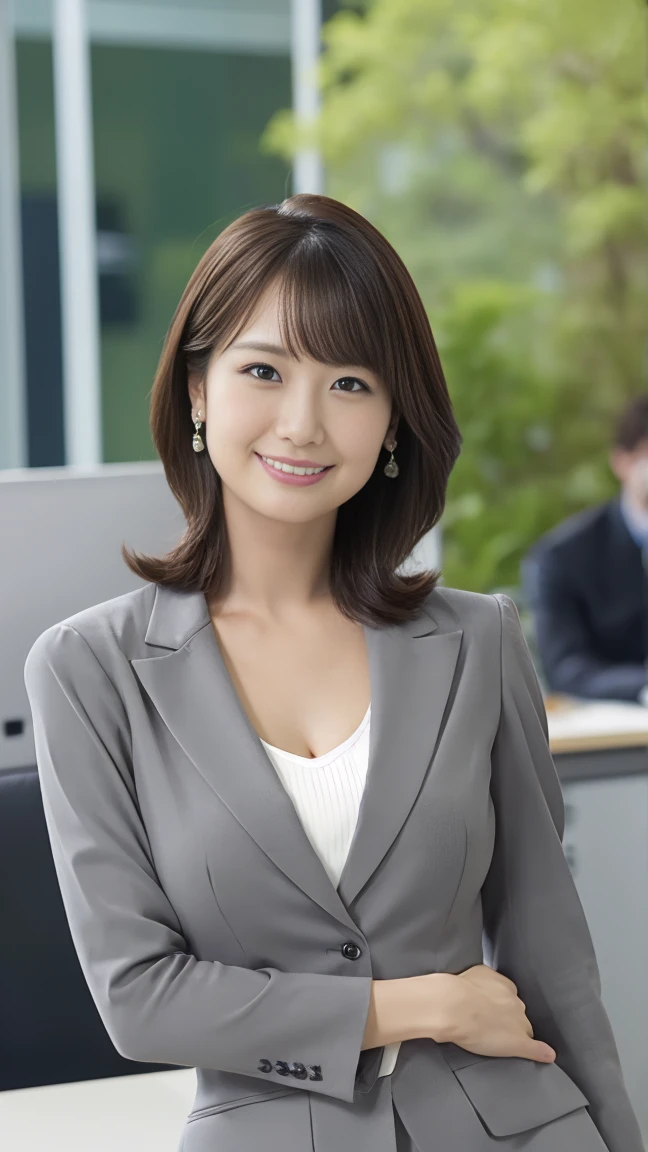 masutepiece, Best Quality, Photorealsitic, finely detail, hight resolution,beautiful japanese woman,beautiful detailed eyes, beautiful detailed lips, extremely detailed face, small head, small areola, cinematic lighting, photorealistic, 8k, high quality, hyper detailed, look at me,smile,(office lady gray suits:1.4),(random location),(medium breasts:1.2),(inoueseika),slender,beautifull legs,(sexy posing:1.2), (bokeh:1.3),