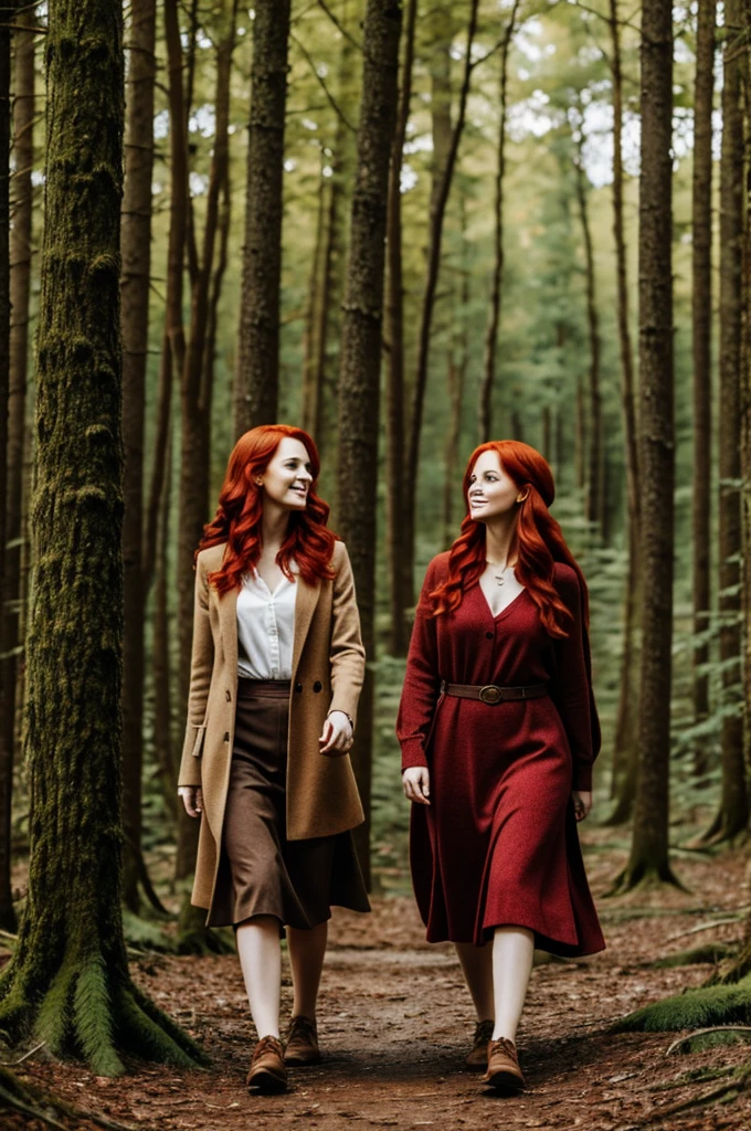 2 red-haired women in the forest