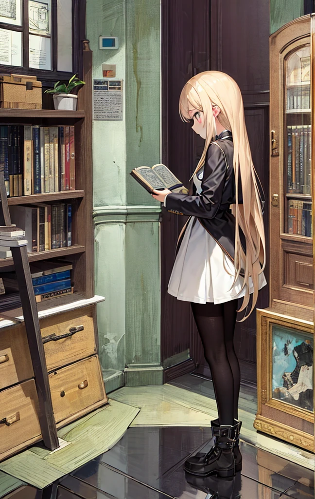 masterpiece, Highest quality, ultra-detaileded, city, street, Gothic, steampunk, figure, One girl, (alone), Platinum Long Hair, boots, From behind, Vintage, antique, brass, Metal, gear, mechanical, Brilliant, elegant, Classic, Sophisticated, Sophisticated, Ready, Contemplative, Thoughtful, Curious, mysterious, Mysterious, Magic, Cautious, intellectual, Book lover, Contrast, perspective, depth, texture, detailed, リアrhythm, Impressionist, Expressionistic, Abstract, Surreal, Innovative, Experimental, Individuality, atmosphere, atmosphere, feeling, Nostalgia, historic, cultural, Technical, industrial use, Fantasy, imagine, creativity, Artistry, Craftsmanship, skill, Accuracy, detailed, composition, balance, Harmony, rhythm, colorful, dark, reflection, refraction, prospect, Middle Way, background, Vanishing Point, horizon, focus, Naturalistic, Figurative, Expressive,
