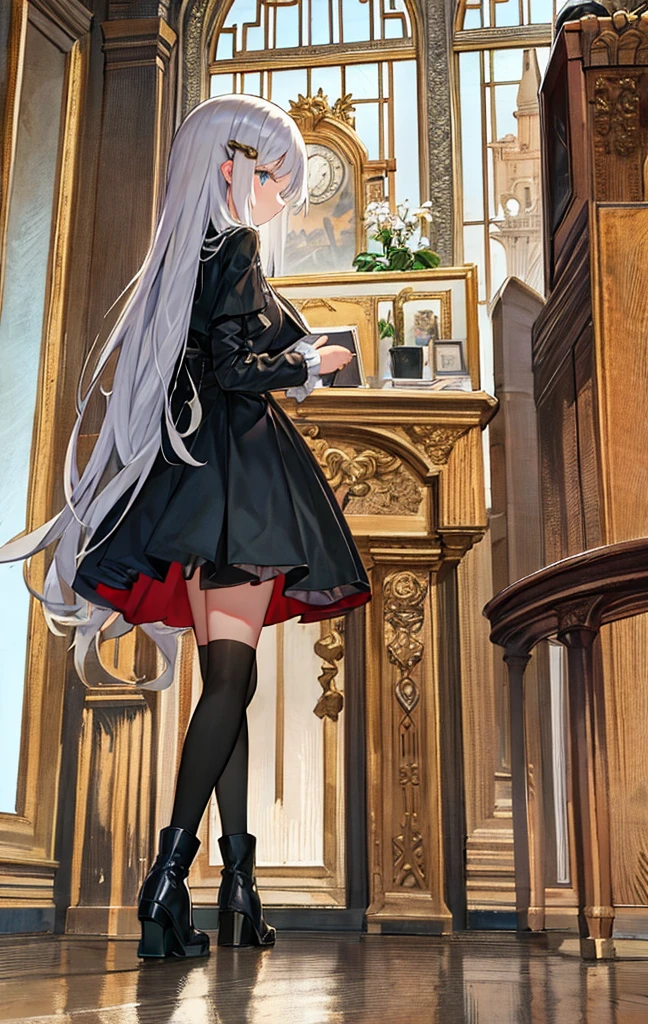 masterpiece, Highest quality, ultra-detaileded, city, street, Gothic, steampunk, figure, One girl, (alone), Platinum Long Hair, boots, From behind, Vintage, antique, brass, Metal, gear, mechanical, Brilliant, elegant, Classic, Sophisticated, Sophisticated, Ready, Contemplative, Thoughtful, Curious, mysterious, Mysterious, Magic, Cautious, intellectual, Book lover, Contrast, perspective, depth, texture, detailed, リアrhythm, Impressionist, Expressionistic, Abstract, Surreal, Innovative, Experimental, Individuality, atmosphere, atmosphere, feeling, Nostalgia, historic, cultural, Technical, industrial use, Fantasy, imagine, creativity, Artistry, Craftsmanship, skill, Accuracy, detailed, composition, balance, Harmony, rhythm, colorful, dark, reflection, refraction, prospect, Middle Way, background, Vanishing Point, horizon, focus, Naturalistic, Figurative, Expressive,