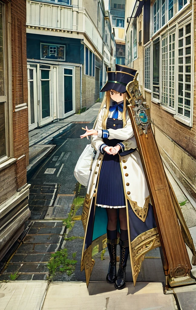 masterpiece, Highest quality, ultra-detaileded, city, street, Gothic, steampunk, figure, One girl, (alone), Platinum Long Hair, boots, , Vintage, antique, brass, Metal, gear, mechanical, Brilliant, elegant, Classic, Sophisticated, Sophisticated, Ready, Contemplative, Thoughtful, Curious, mysterious, Mysterious, Magic, Cautious, intellectual, Book lover, Contrast, perspective, depth, texture, detailed, リアrhythm, Impressionist, Expressionistic, Abstract, Surreal, Innovative, Experimental, Individuality, atmosphere, atmosphere, feeling, Nostalgia, historic, cultural, Technical, industrial use, Fantasy, imagine, creativity, Artistry, Craftsmanship, skill, Accuracy, detailed, composition, balance, Harmony, rhythm, colorful, dark, reflection, refraction, prospect, Middle Way, background, Vanishing Point, horizon, focus, Naturalistic, Figurative, Expressive,