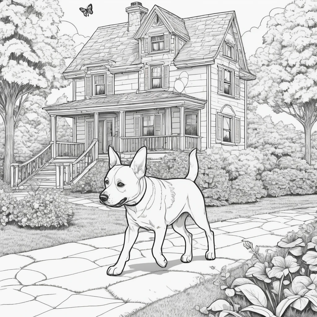 a cartoonish (dog do running with a butterfly in front of house and park background) coloring page for adults, whimsical design, crisp line art, detailed without background, black and white, ink outlines