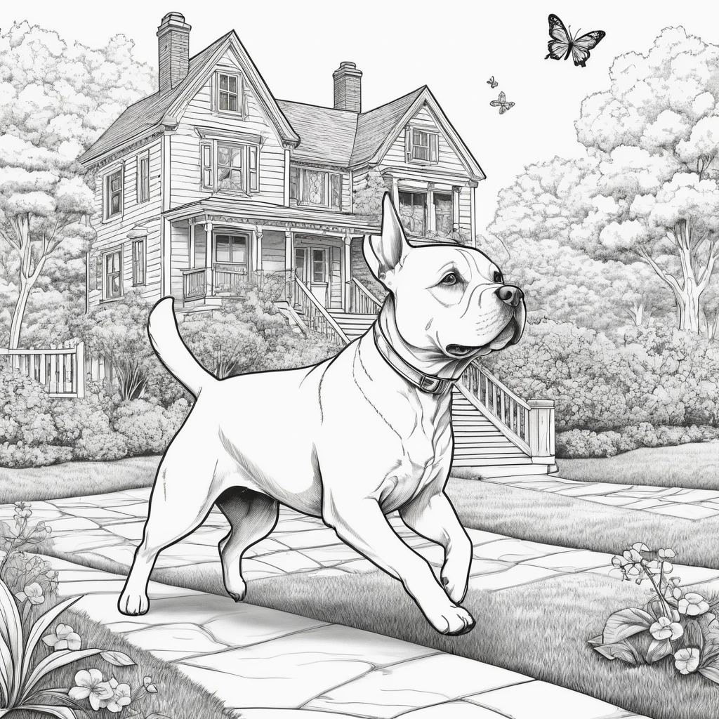 a cartoonish (dog do running with a butterfly in front of house and park background) coloring page for adults, whimsical design, crisp line art, detailed without background, black and white, ink outlines
