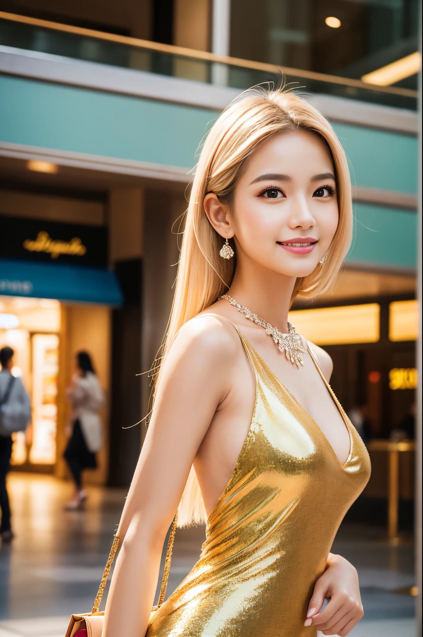 (best quality, 4k ,8k, highres, masterpiece:1.2), ultra-detailed, (realistic, photorealistic, photo-realistic:1.37), closeup, beautiful Thai woman, (slim girl), (happy smile), long lashes, beautiful makeup, platinum blonde hair, fair skin, slender figure, elegant posture, wearing large sparkling colorful jewelery, wearing a business style leather dress, standing in a large shopping mall, gentle sunlight shining through the shopping mall windows, casting a soft glow on her face, adding warmth to the scene, vibrant colors, capturing the essence of vibrant city life, portrait style, showcasing her natural beauty and grace in a feminine way