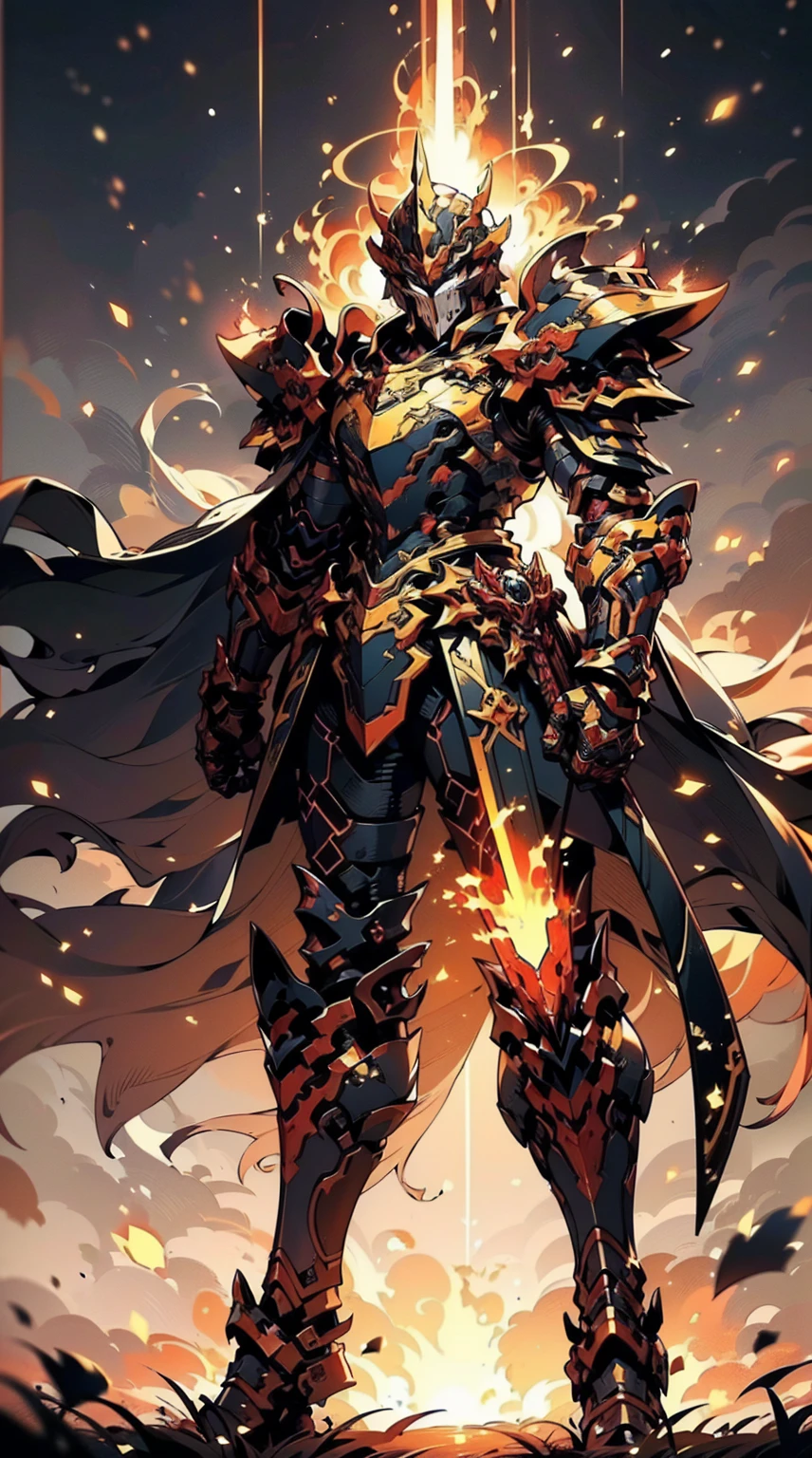 8K quality,(super masterpiece:1.3),Highest quality,Detailed Images,1 male,knight,pocket(Full Face,Two Corners),Blue Armor(Blue full armor,Golden decoration),(Wear a red cloak,Red Cape),(Hold the Burning Sword),(background:Burning image,sunset,幻想的なsunset,The End,The end of the world,grassland,Takayama,Halo effects),(Whole body image,Standing with your legs apart),(Face directly towards the camera,Looking directly at the viewer,looking at the camera,The body faces the viewer,The body is facing the direction of the camera,Face looking straight into the camera).