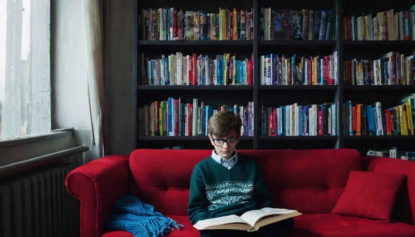 a boy of approximately 13 years old sitting on a red sofa reading a book and behind the sofa there is a large shelf with different books the environment resembles a school room he wears a sweater and a blouse the same color as the sofa and he wears glasses the image is taken in a position in front of the boy, the environment around him is very dark
I don't want a window at the back, not to have a large space and not to be a room with lots of lighting