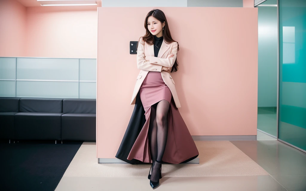 best quality, Full body portrait, Delicate face, Pretty Face, Slim body, office,Lady,office服装, black, Pink long hair,cute,stand up,black高跟鞋