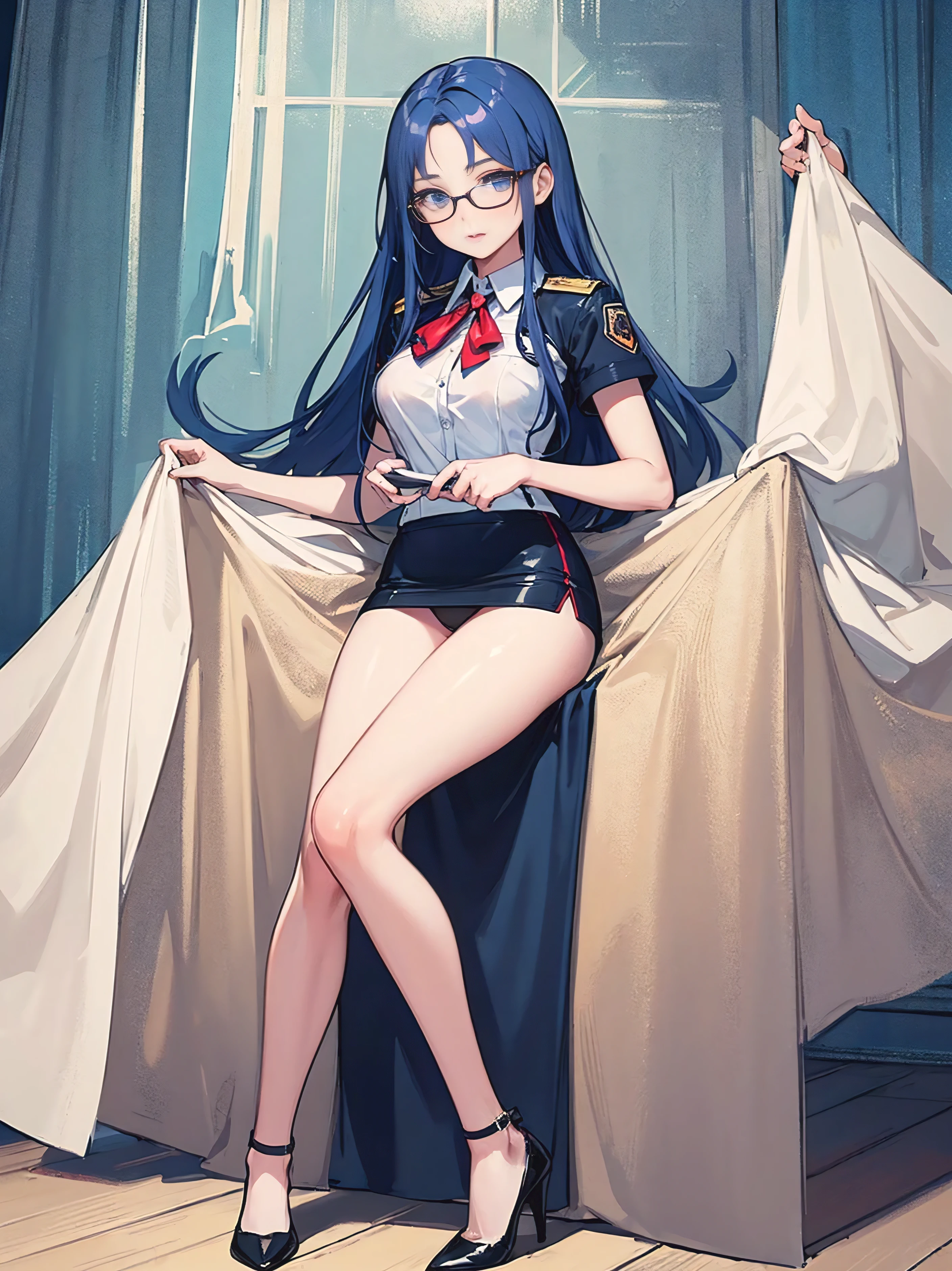 Create an anime-style illustration of a 10-year-old girl named Shizuka. She has long, straight, blue hair with bangs cut straight across her forehead. She has large, almond-shaped silver-blue eyes and porcelain-like white skin. Shizuka often wears glasses.(Highest quality:1.4), (super high quality), (Very detailedな), 1 beautiful girl, So cute, (Slender body:1.1), (thin and delicate legs), Real skin texture, (Drop your bangs to the side), Bright and shiny lips, , Beautiful background, Golden Ratio, Conceptual Art, Very detailed, Accurate, Advanced Details,, Sexy Art, In nature、Ultra-detailed illustration details, 8K wallpapers incorporating highly detailed CG, , (Nipple protrusions push up the uniform),Wearing the beige stewardess uniform,stewardess,mini skirt,Navy panties,High heels),、Glasses、Light blue hair、Very bright lighting、long hair