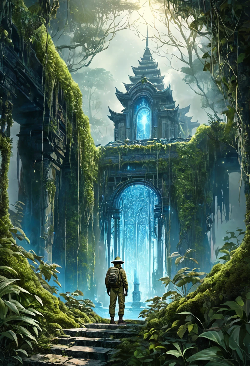 Close-up of a man in the foreground(Half-length back view close-up) Back view of explorer wearing khaki adventure suit and hat (sideways dynamics) Standing in the mossy forest dark blue light very dense very dense bushes in the bushes there are ancient temple building ruins hidden in the depths mist filled ethereal mist shadows and glow,Very dense vines(The middle emits blue light), nice images, high detail
體積光 生物發光 風格複雜藝術作品 大景深 電影化處理, Realistic magical fantasy scene highly detailed structure surreal, Digital art, high detail, High quality matte painting art