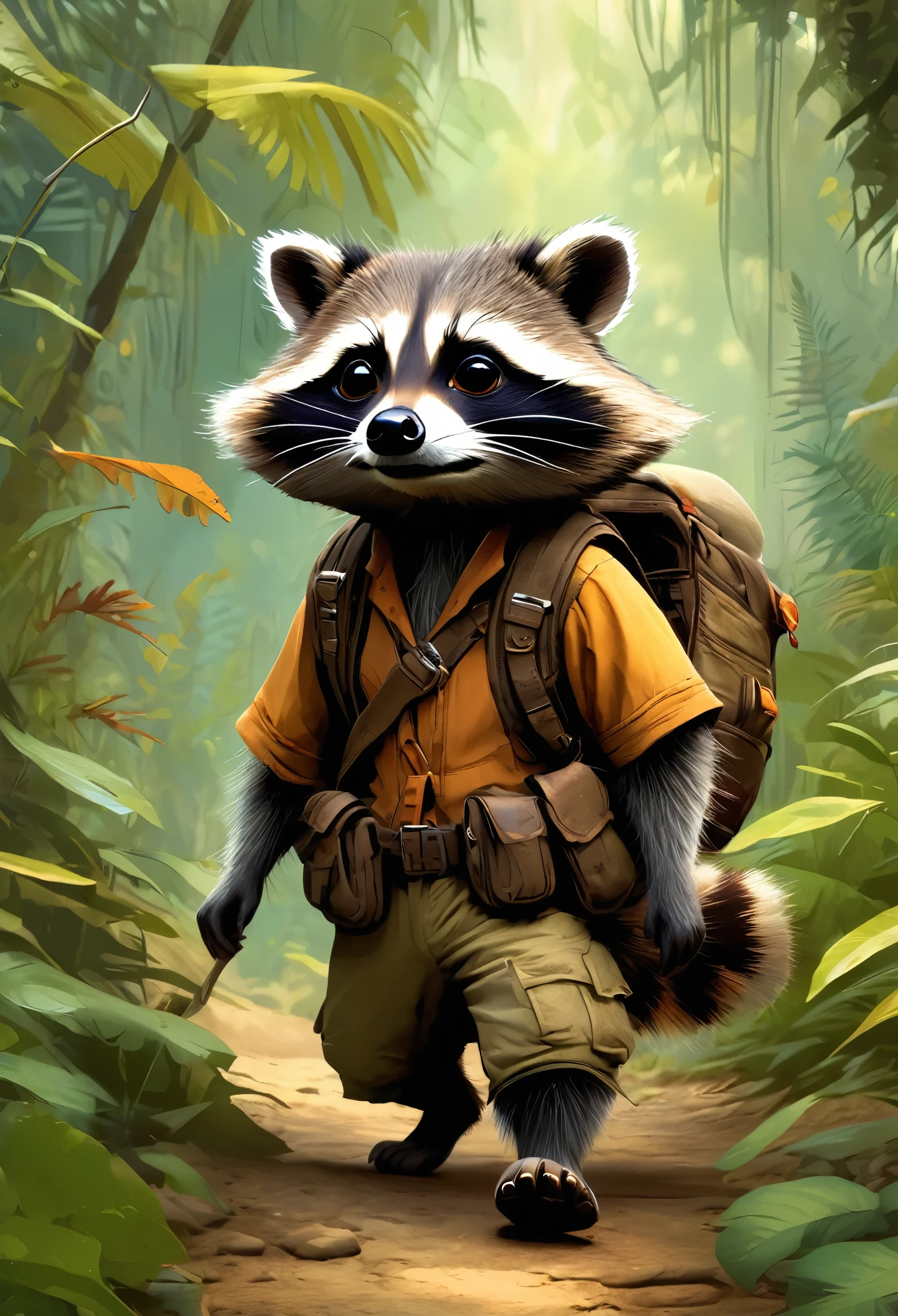 A cute racoon adventurer walks in a wild colourful jungle, by Jean-Baptiste Monge, Gilles Beloeil, Tyler Edlin, Marek Okon, Pixar, 8k, album art, comic style, golden ratio, perfect composition, a masterpiece, trending on artstation