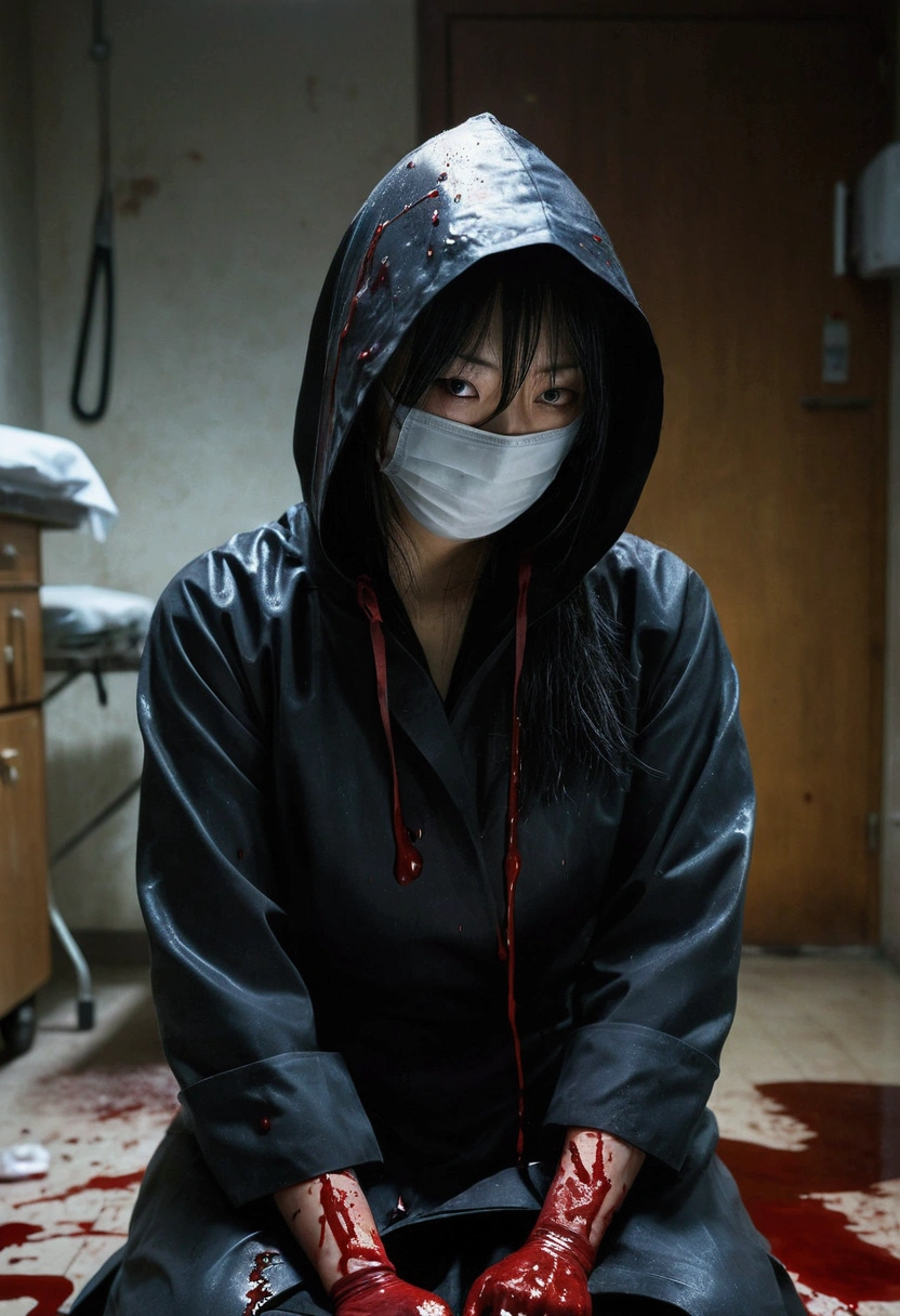 korean girl, (behind corpse, surgical mask), holding knife, stabbing, black gloves, room full of blood, black raincoat, hood up, holding knife, black gloves, behind corpse, blood splatter, long bangs, black wet suit, night, mass murderer, robbery, dark atmosphere, cinematic lighting, atmospheric realistic,