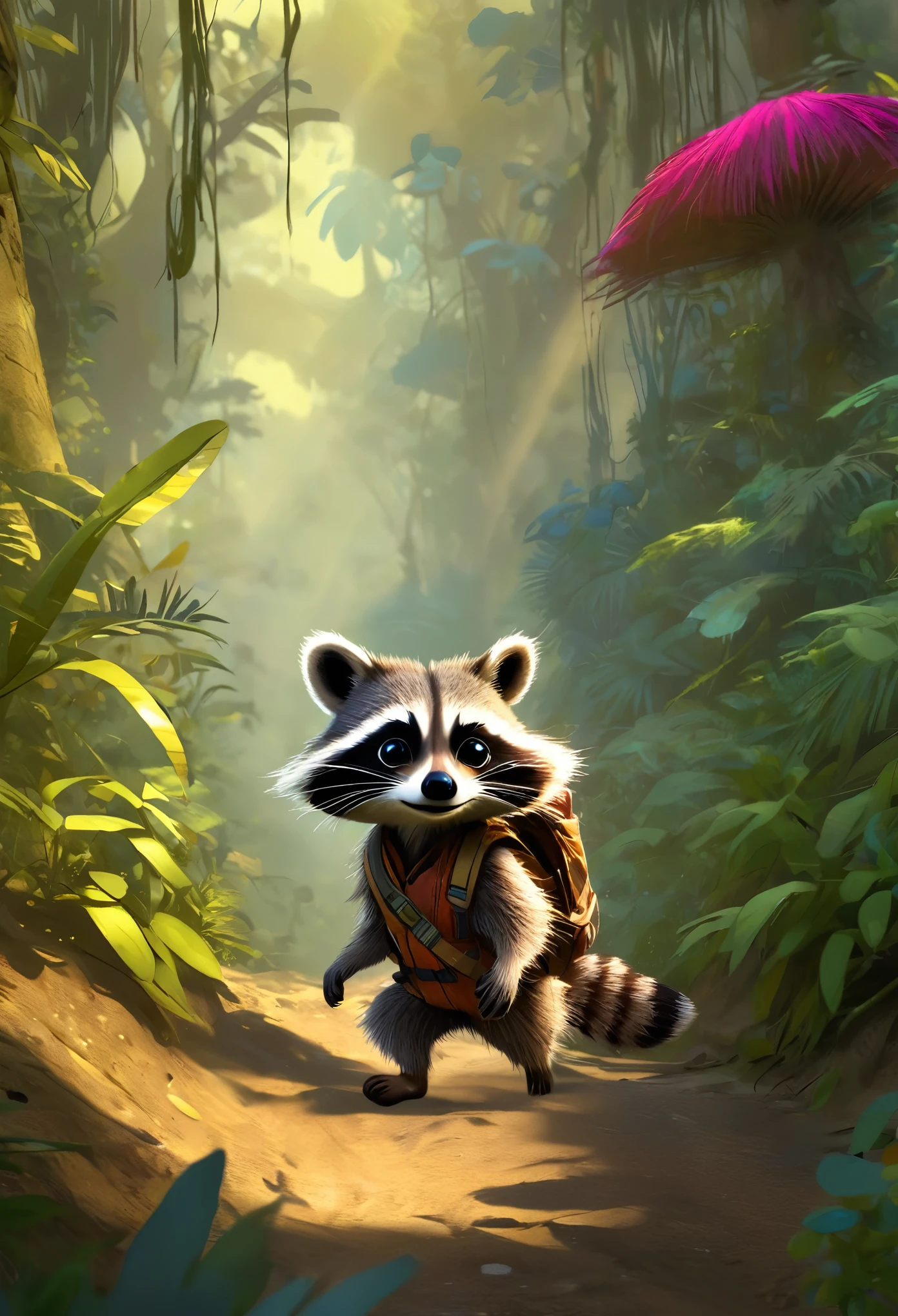 A cute racoon adventurer walks in a wild colourful jungle, by Jean-Baptiste Monge, Gilles Beloeil, Tyler Edlin, Marek Okon, Pixar, 8k, album art, comic style, golden ratio, perfect composition, a masterpiece, trending on artstation