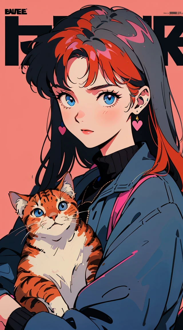 Best image quality, 1980s style animation, 24 year old girl, red hair, long hair, dark blue eyes, With a gray turtleneck, black coat, pink background, magazine cover, whole body , By the creek , posing, With an orange cat, the cat had a white collar.