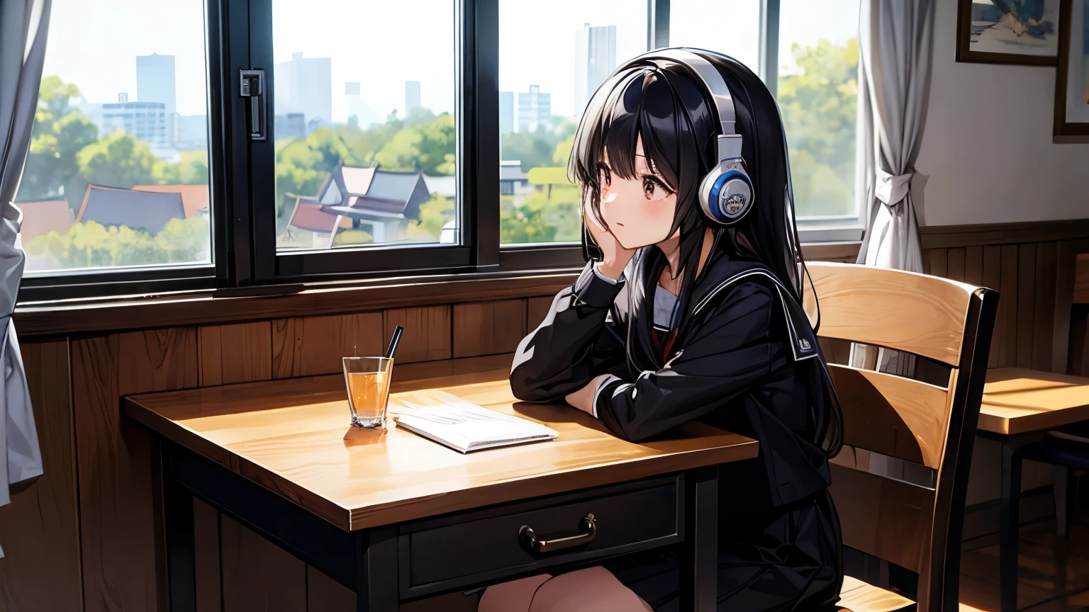 Black Hair、girl、Thai student uniform、headphone、Cafe、Reading、Wooden desk、Window、scenery
