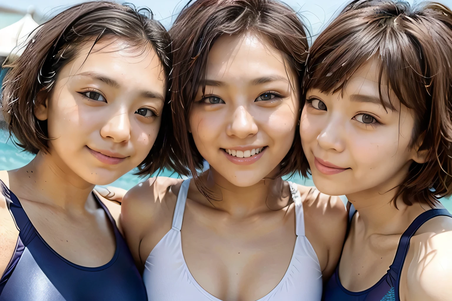 (((3girls:1.5))、(Three women standing side by side on the beach、Three women in swimsuitidsummer Gals、s、Group photo of a gal group、Blue sea and blue sky)、(Realistic、Like a photograph、Live Action、8k, Realistic, RAW Photos, Best image quality: 1.4), Single-lens reflex camera、RAW Photos, Highest quality, Realistic, Highly detailed CG Unity 8k wallpaper, Written boundary depth, Cinematic Light, Lens flare, Ray Tracing, Realistic background、((Wearing a swimsuit:1.4)、Big Breasts)、((Silver Inner Color Hair:1.1))、Cute Japanese Gals、((whole body:1.5))、(short hair:1.2)、I like that style、stylish、Very detailed、Pay attention to the details、Perfect outfit、(White skin)、Beautiful feet:1.1、Side view、Accurate Arm、Super detailed face