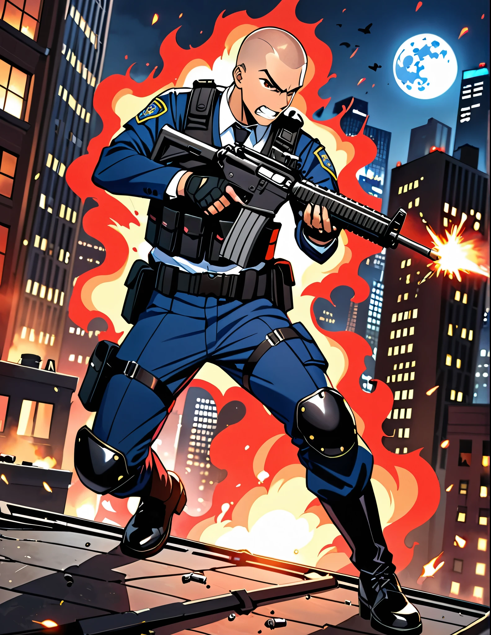 (masterpiece), (best quality), (high res), (solo, solo focus), 1male, male focus, mercenary, police officer, (red hair, short hair, buzz cut, bang), (brown eyes), (perfect hands, using gun, assault rifle, muzzle flash, shell casings from gun), matching fingerless black gloves, blue suit and pants, black necktie, black assault vest, black knee pads, black boots. dynamic action pose. new york backdrop, midnight, moon, rooftop, outdoors, standing, angry, clenched teeth, (his body surrounded by red aura). cowboy shot. full-body costume design.