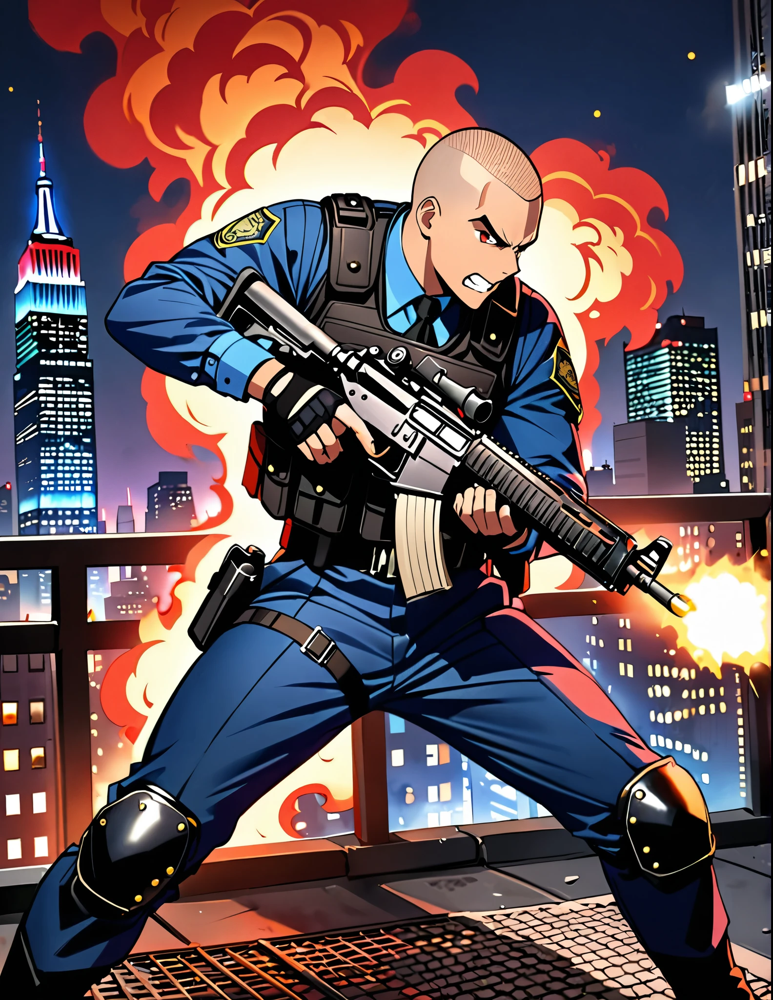 (masterpiece), (best quality), (high res), (solo, solo focus), 1male, male focus, mercenary, police officer, (red hair, short hair, buzz cut, bang), (brown eyes), (perfect hands, using gun, assault rifle, muzzle flash, shell casings from gun), matching fingerless black gloves, blue suit and pants, black necktie, black assault vest, black knee pads, black boots. dynamic action pose. new york backdrop, midnight, moon, rooftop, outdoors, standing, angry, clenched teeth, (his body surrounded by red aura). cowboy shot. full-body costume design.