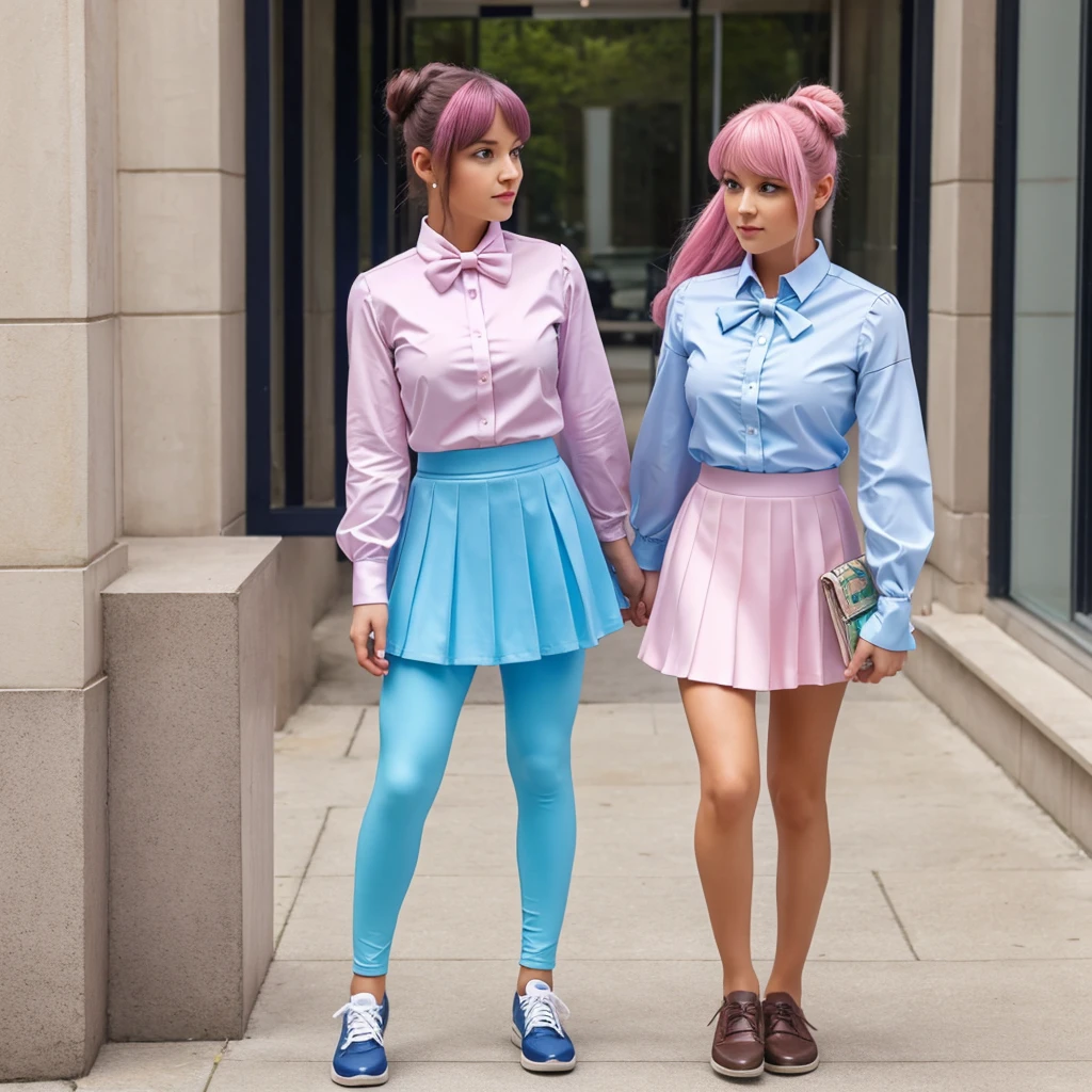 young beautiful woman with emerald eyes and long pink hair of two twin buns with waist-length. She wears a  with light blue sleeve shirt with blue medium bow, dark blue skirt, brown shoes, and white and blue leggings 