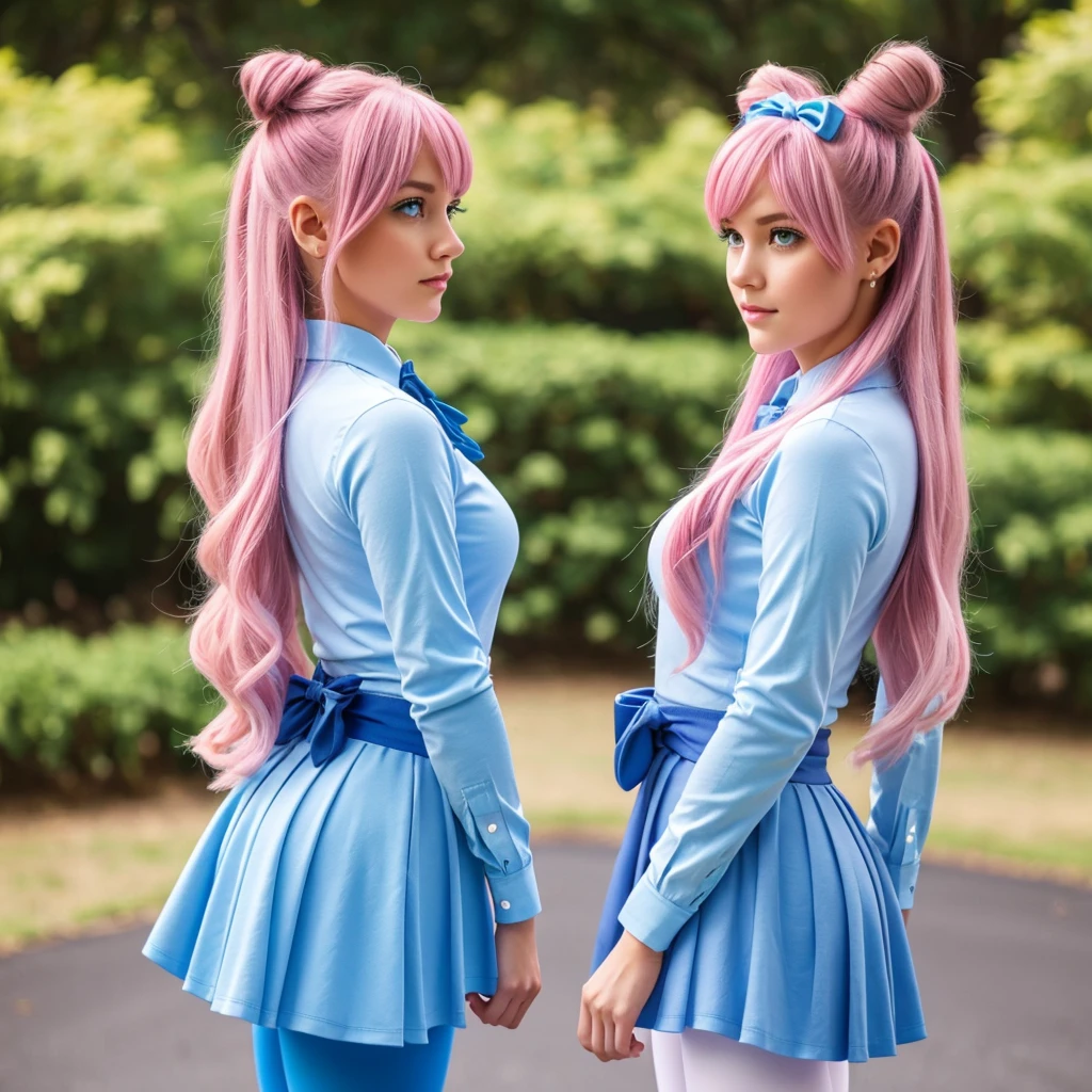 young beautiful woman with emerald eyes and long pink hair of two twin buns with waist-length. She wears a  with light blue sleeve shirt with blue medium bow, dark blue skirt, brown shoes, and white and blue leggings 