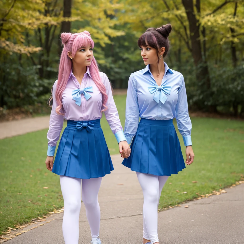 young beautiful woman with emerald eyes and long pink hair of two twin buns with waist-length. She wears a with light blue sleeve shirt with blue medium bow, dark blue skirt, brown shoes, and white and blue leggings
