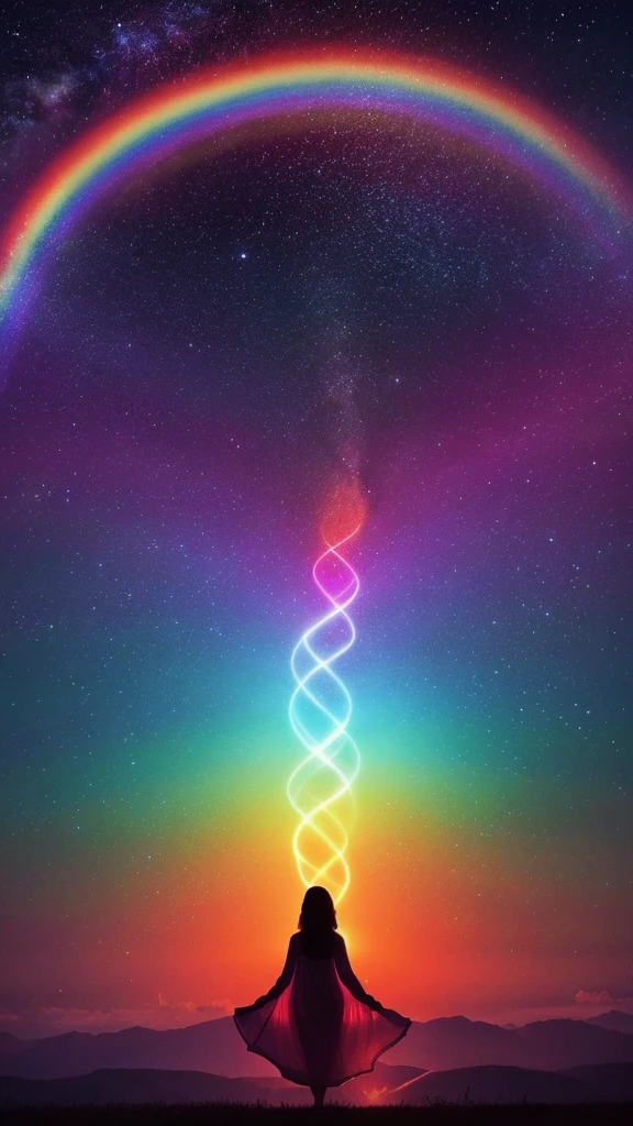 Resonant integration of the higher mind and body. Feel nature as it is. Extend consciousness throughout the universe. Rainbow like a deep background.