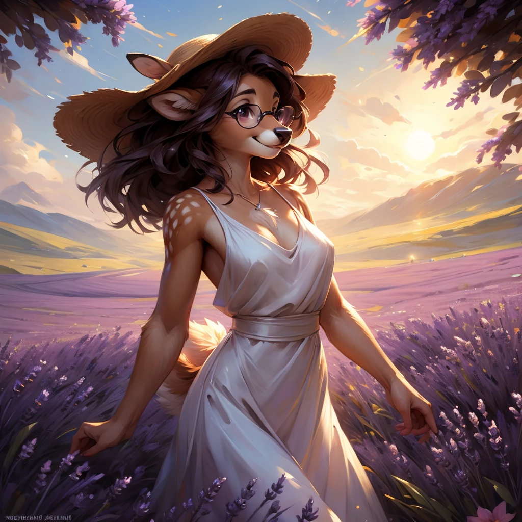 uploaded on e621, artstation, by Pixelsketcher, by Bayard Wu, by Thomas Benjamin Kennington , by Einshelm, by hioshiru and kenket, Chunie, portrait, solo anthro female deer doe, with small featureless breasts, clear dark blue, cinematic lighting, day, sunny day, lavender field, stays in a lavender field, lavender field background, mediterranean background, horizon background, shiny, short curly dark brown hair, wears big black nerd glasses, very very beautiful furry art, furry art, smiling, joyful, shiny, happy, feminine, cute face, muzzle, fluffy chest, flawless face, Fallow deer, 1girl, Sakimichan is beautiful, Masterpiece, Wavethesallow Face, shiny, Detailed image, portrait, Detailed image, portrait, full body, wearing pure white and wide spaghetti straps dress, wearing big and wide beige summer straw hat, shiny, realistic face, perfect anatomy, hourglass body, (furry body:1.1), anthropomorphic deer, looks at the viewer, small fluffy tail, detailed background, (cute anatomy:1.1), walks in a lavender field