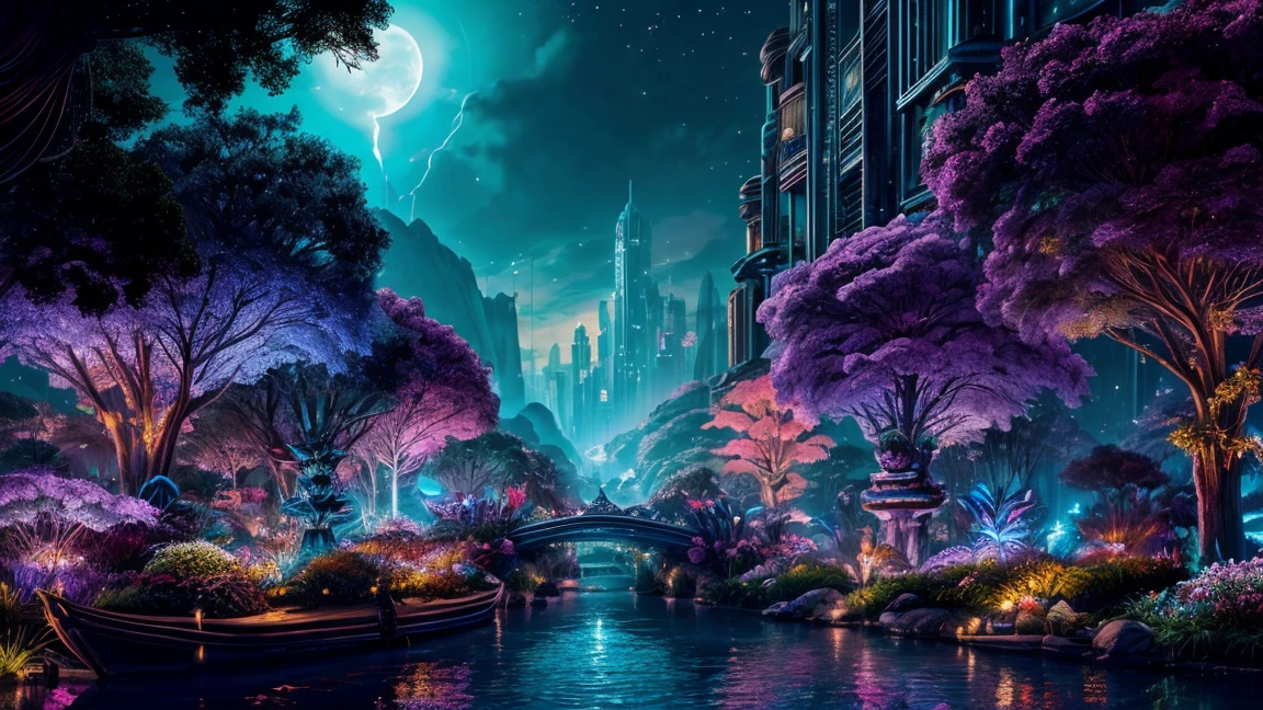 A fantasy kingdom in the midst of Floating mountains similar to the world of Pandora from Avatar, at night, with floral flowers and trees all over the city, falling colourful flowers and blooms, with multiple huge statues in the middle of the city, cinematic photo. Neon lights spread over the city, with the city glowing at dark. Bioluminescent light glowing all over the city.