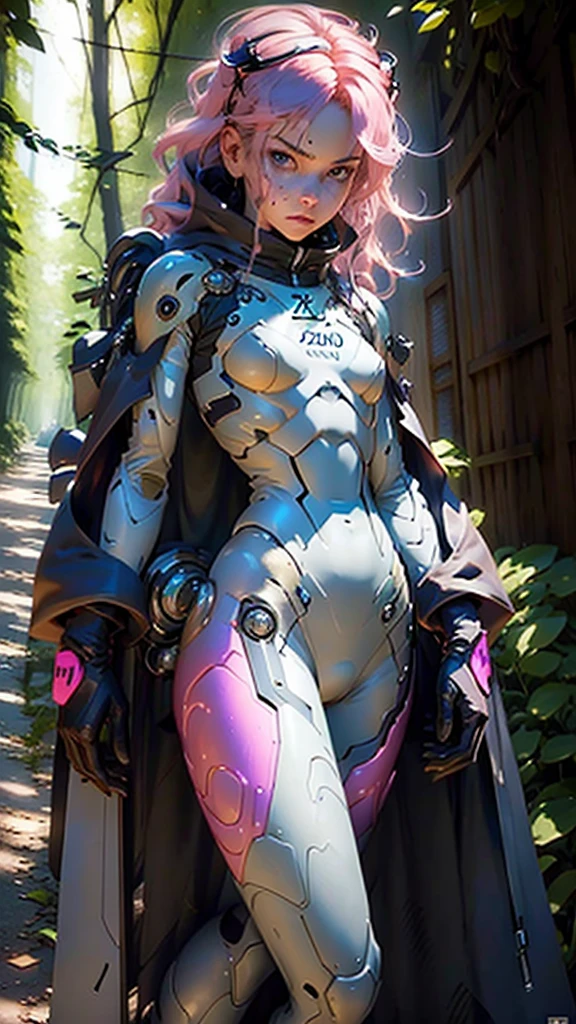 A semitransparent zerosui, Velvet bra, zerosuit, contrast, god rays, Blue eyes, pink hair, woods background, absolute intensity, nude