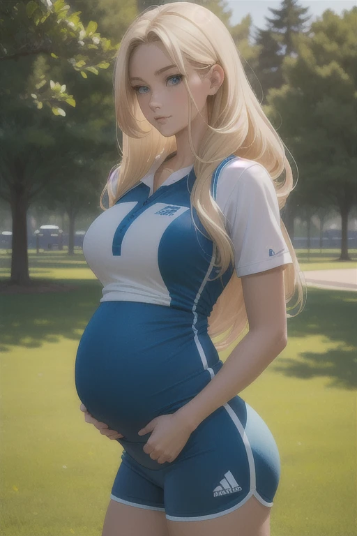 Early morning, deserted park. There are two people on the morning run: 1 man and 1 woman. A tall, handsome, statuesque, courageous young man is platinum blonde, he has tanned skin, long straight platinum hair, blue eyes, he is dressed in a light gray sports uniform, he runs in the morning with an incredibly beautiful young fatale golden-haired pregnant blonde in her third trimester of pregnancy, with long golden hair, she is also dressed in a sports uniform. Masterpiece, detailed study of the face, beautiful face, beautiful facial features, perfect image, realistic shots, detailed study of faces, full-length image, 8k, detailed image. an extremely detailed illustration, a real masterpiece of the highest quality, with careful drawing.