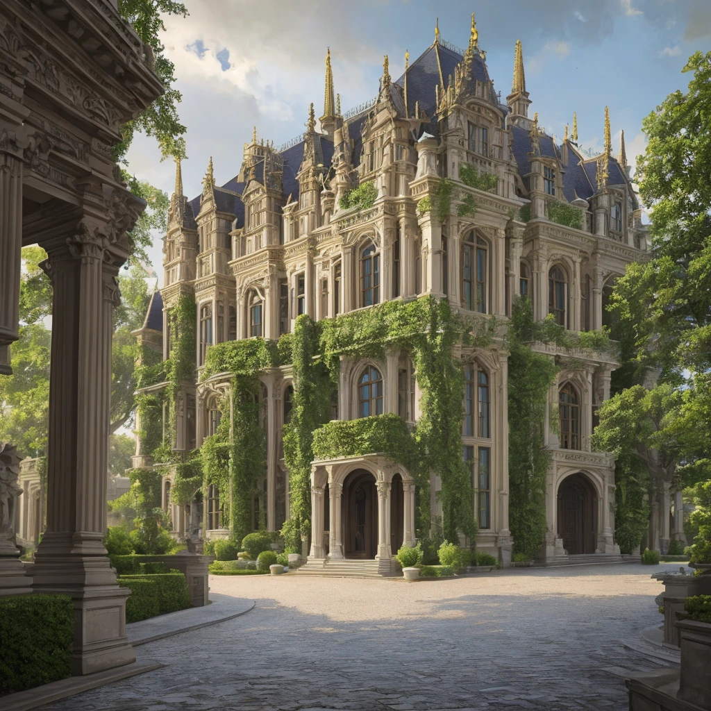 stunning detailed exterior of an aristocratic manor house, a large grand mansion with ornate architectural details, intricate stone carvings, elegant columns, arched windows, manicured gardens, lush greenery, cobblestone driveway, horse-drawn carriage, overcast cloudy sky, muted color palette, atmospheric lighting, photorealistic, 8k, hyper-detailed, cinematic composition