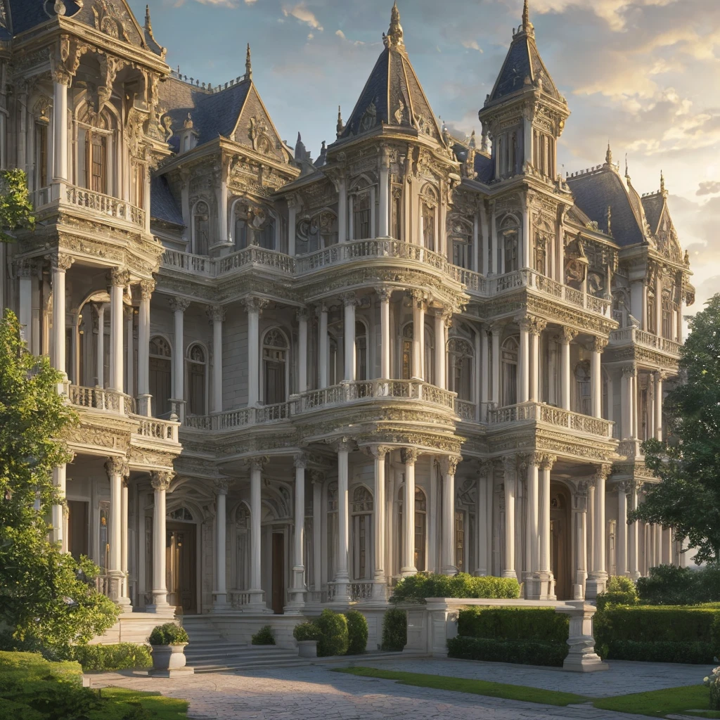 stunning detailed exterior of an aristocratic manor house, a large grand mansion with ornate architectural details, intricate stone carvings, elegant columns, arched windows, manicured gardens, lush greenery, cobblestone driveway, horse-drawn carriage, overcast cloudy sky, muted color palette, atmospheric lighting, photorealistic, 8k, hyper-detailed, cinematic composition