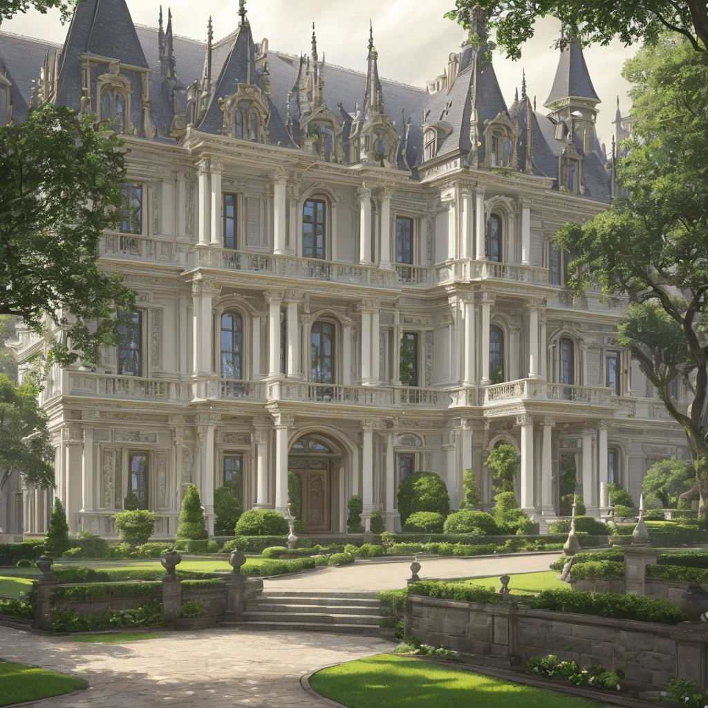 stunning detailed exterior of an aristocratic manor house, a large grand mansion with ornate architectural details, intricate stone carvings, elegant columns, arched windows, manicured gardens, lush greenery, cobblestone driveway, horse-drawn carriage, overcast cloudy sky, muted color palette, atmospheric lighting, photorealistic, 8k, hyper-detailed, cinematic composition