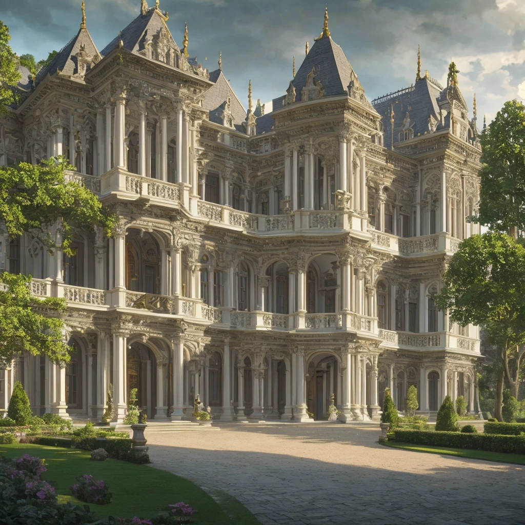 stunning detailed exterior of an aristocratic manor house, a large grand mansion with ornate architectural details, intricate stone carvings, elegant columns, arched windows, manicured gardens, lush greenery, cobblestone driveway, horse-drawn carriage, overcast cloudy sky, muted color palette, atmospheric lighting, photorealistic, 8k, hyper-detailed, cinematic composition