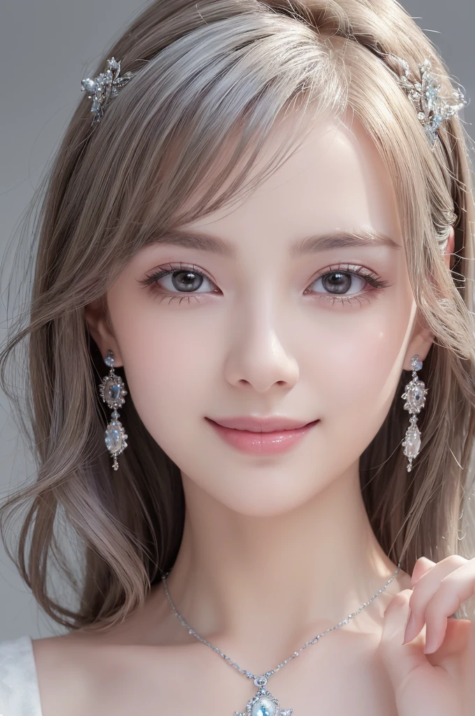 (((Very elegant and beautiful、Perfect detail、Very detailed)))、whole body、The finest girl、The depth of the boundary is written、whole bodyが美しく細かい、Thin legs、One Girl、20-year-old、Very short hair、Spiked Hair、gray and silver hair、Beautiful and fine hair、Perfect Face、Beautiful, detailed, deep eyes、Delicate arms and hands、Pale skin、Earrings、Beautiful and gorgeous necklace、Colorful background、HD background、Blurred Background、Very delicate and beautiful、masterpiece、(((Highest quality、Very beautiful 8K CG wallpaper))、smile、White ブラウス