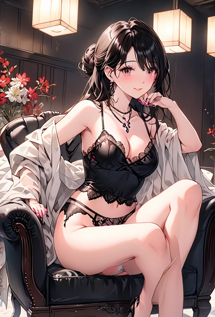 Black penis vibrator in hand, Masturbation Masturbation play,alone、Lewd face One hand lewdly touches the underwear between her legs Shy and seductive look A look of contempt Sexy Body Clear Eyes Round eyes Sit in a luxurious chair office lady Japanese women Manga illustration Beautiful and firm breasts Beautiful E Cup Breasts the body is slim Highest quality 4K Chignon Hairstyle Hair tied up Medium Long Hair Light brown black hair hair ornaments necklace Hotel with a great night view Simple Background Seductive pose garter belt Black lace stockings Earrings 派手なnecklace Fine details Beautiful anime illustrations Beautiful Face alone High resolution, One Girl, Highest quality, Attention to detail, Slightly parted lips Seductive red lips Professional, Vibrant colors, Perfect Anatomy, ideal facial features, 理想的なProfessionalポーションの図, Perfectly beautiful body, Highly detailed skin, Glowing Skin, Glowing Skin, Cleavage, Captivating smile)),Sexy see-through pink lace bra,Obscene pink thong, (Attractive 30 year old Japanese widow,)High heels Miss Soapland Mature hot body Sitting in a luxurious chair Sparkle Effect, Anime Style, photograph, Attractive nail art Dimly lit room
